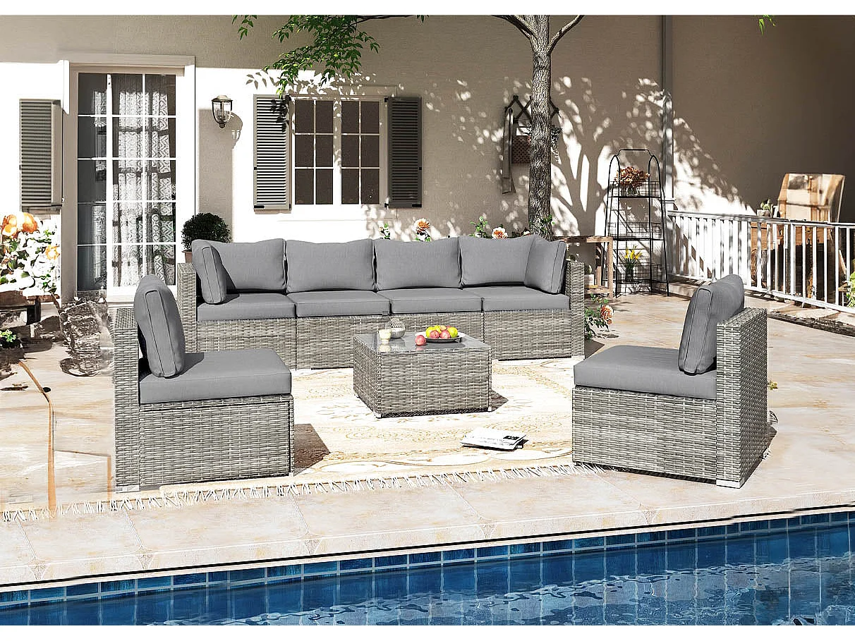 Conjunto de Sofá de Exterior em Rattan PE, 7 peças. Móveis de jardim e terraço, Cinza