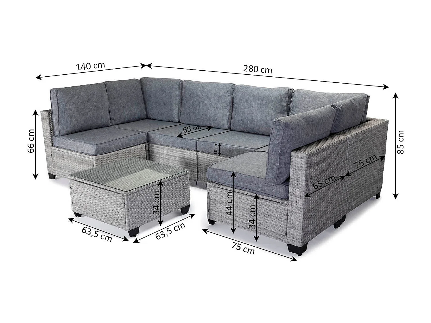 Conjunto de Sofá de Exterior em Rattan PE, 7 peças. Móveis de jardim e terraço, Cinza