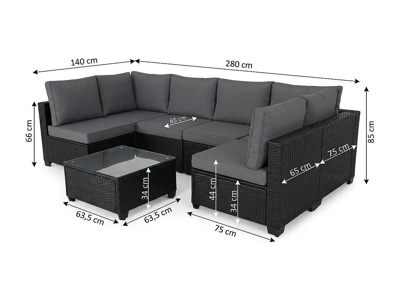 Conjunto de Sofá de Exterior em Rattan PE, 7 peças. Móveis de jardim e terraço, Cinza