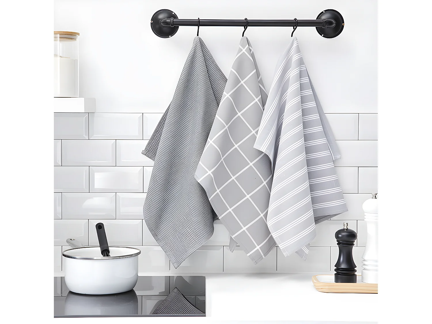 Pack de 3 paños surtidos de algodón. Raya doble Acero