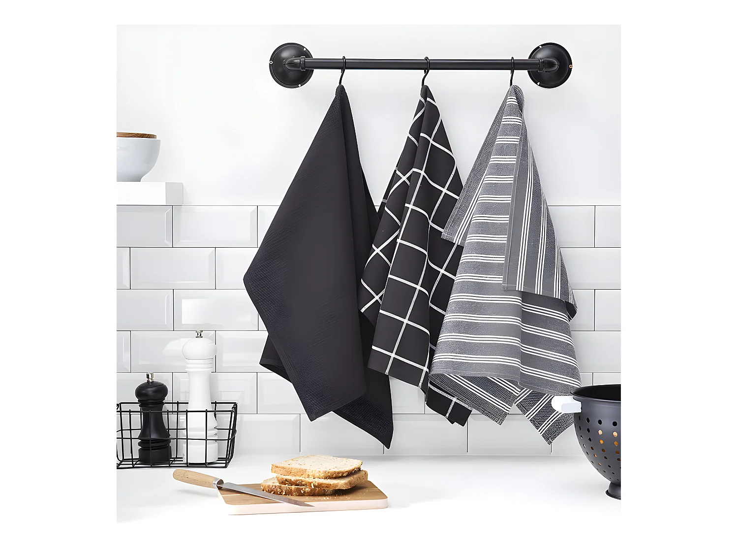 Lot de 3 chiffons en coton assortis. Charbon à une bande