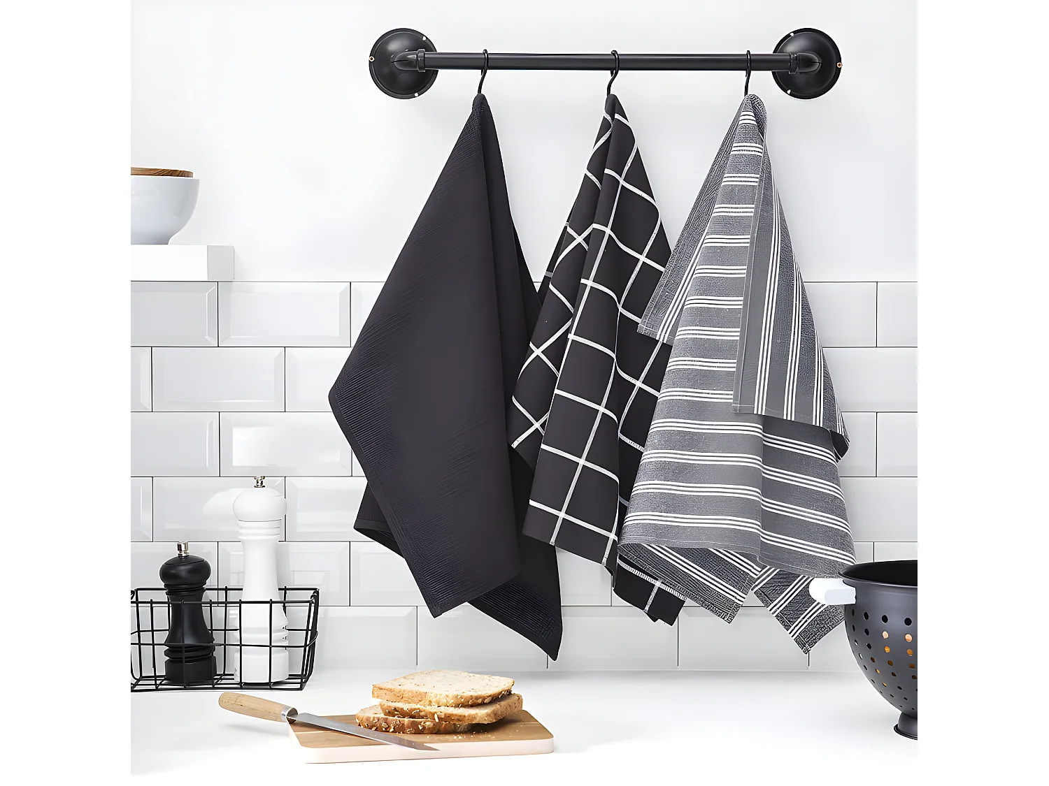 Lot de 3 chiffons en coton assortis. Charbon à une bande