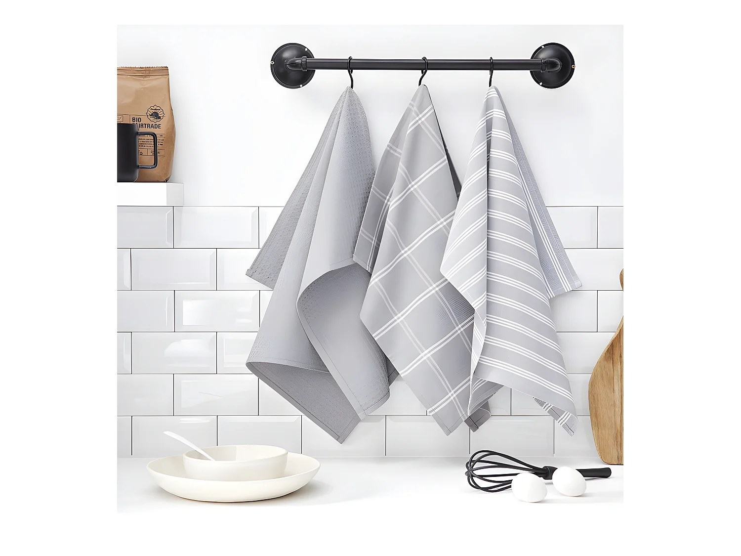 Lot de 3 chiffons en coton assortis. Acier à double bande