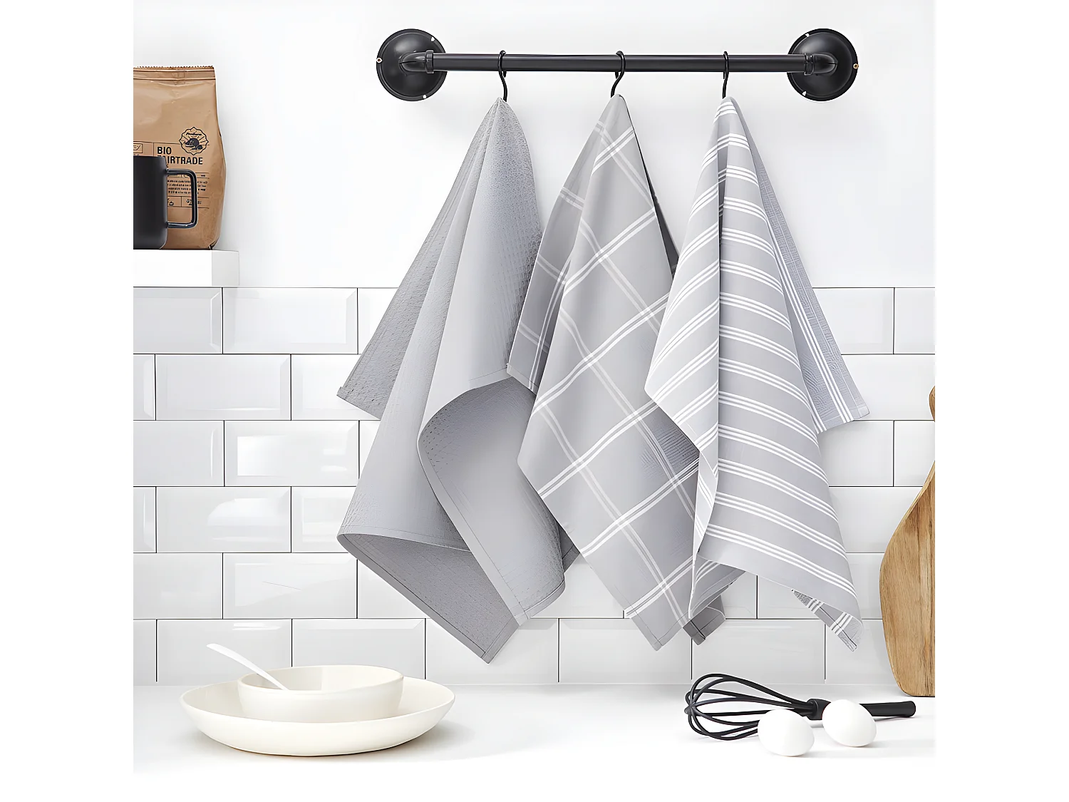 Lot de 3 chiffons en coton assortis. Acier à double bande