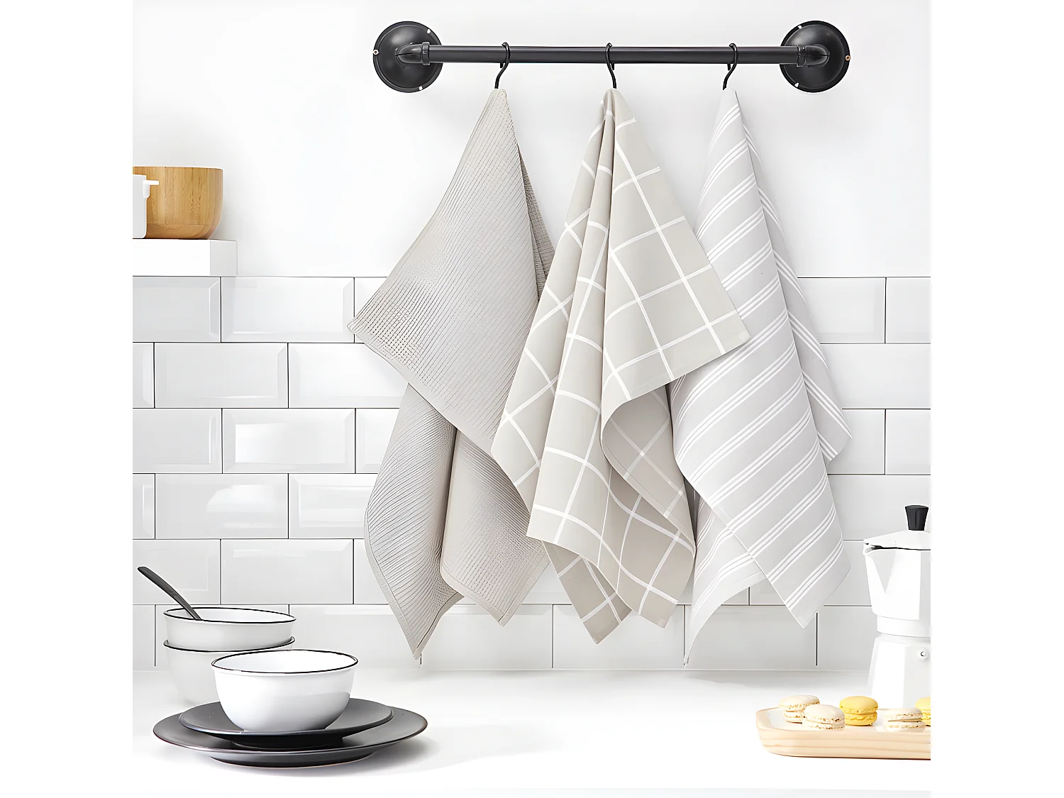 Set van 3 geassorteerde katoenen doeken. Linnen enkele streep