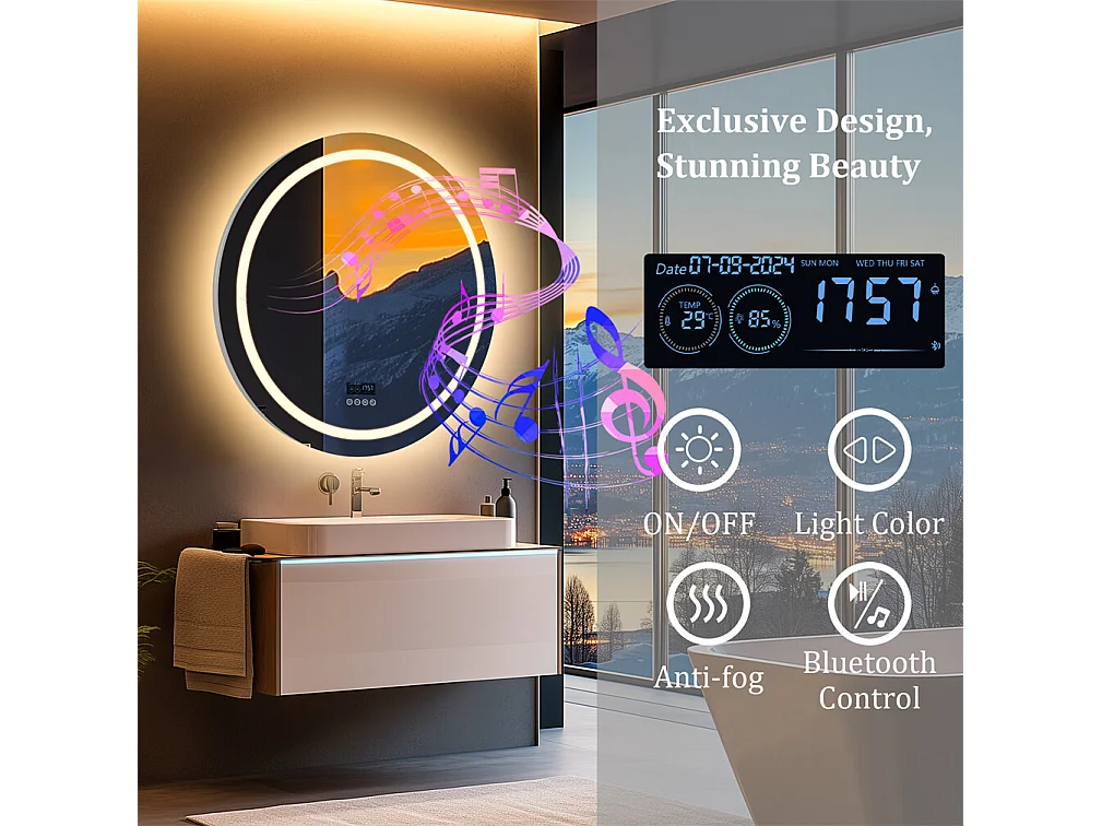 Espejo de baño redondo iluminado con LED regulable y 4 botones táctiles - antivaho - 80 cm