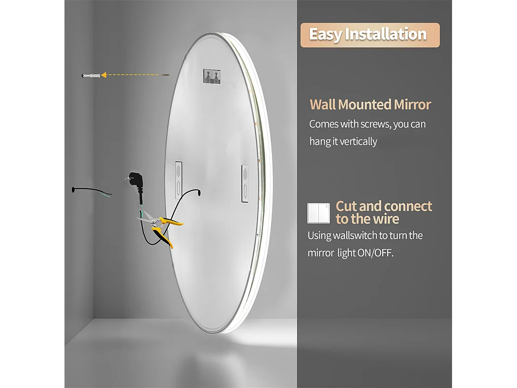 Espejo de baño redondo iluminado con LED regulable y 4 botones táctiles - antivaho - 80 cm