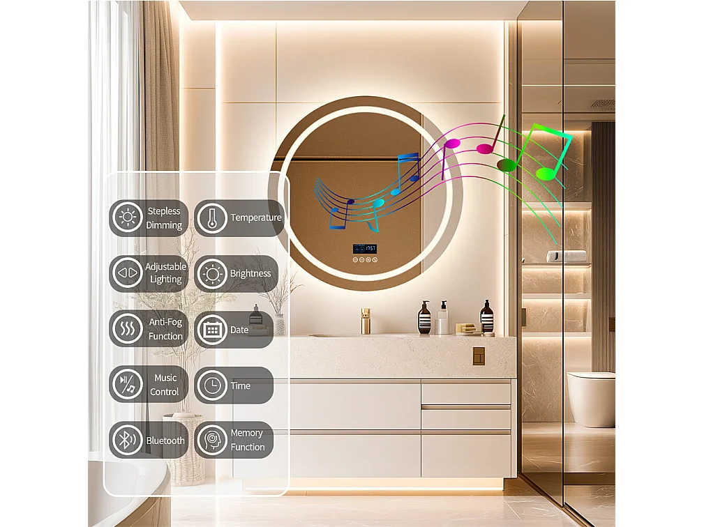 Miroir de salle de bain lumineux rond avec LED à luminosité variable et 4 touche sensitive - anti buée - 80cm