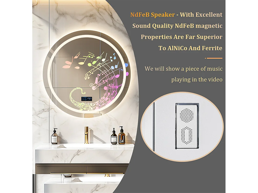 Miroir de salle de bain lumineux rond avec LED à luminosité variable et 4 touche sensitive - anti buée - 80cm