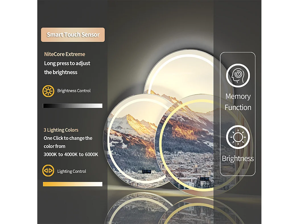 Miroir de salle de bain lumineux rond avec LED à luminosité variable et 4 touche sensitive - anti buée - 80cm