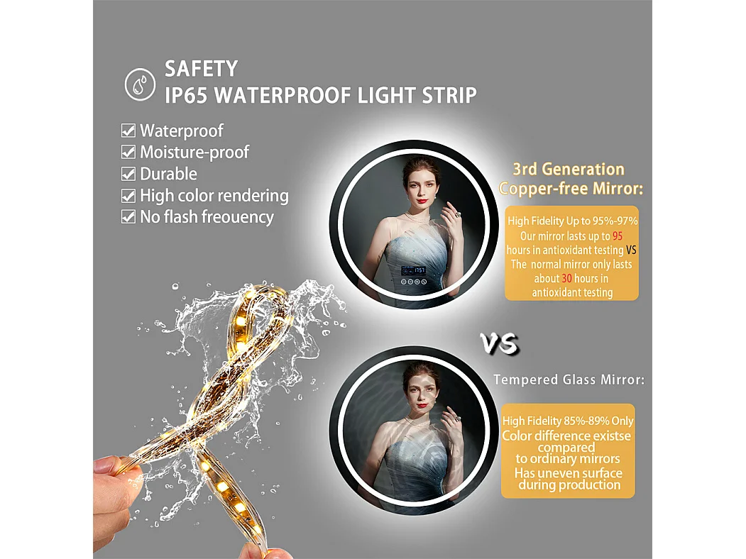 Miroir de salle de bain lumineux rond avec LED à luminosité variable et 4 touche sensitive - anti buée - 80cm