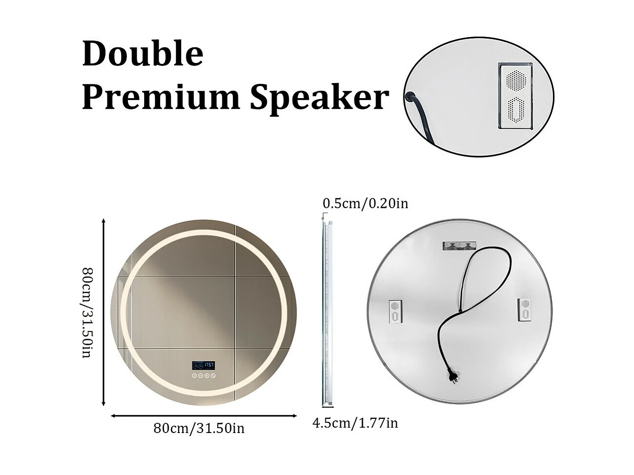 Miroir de salle de bain lumineux rond avec LED à luminosité variable et 4 touche sensitive - anti buée - 80cm