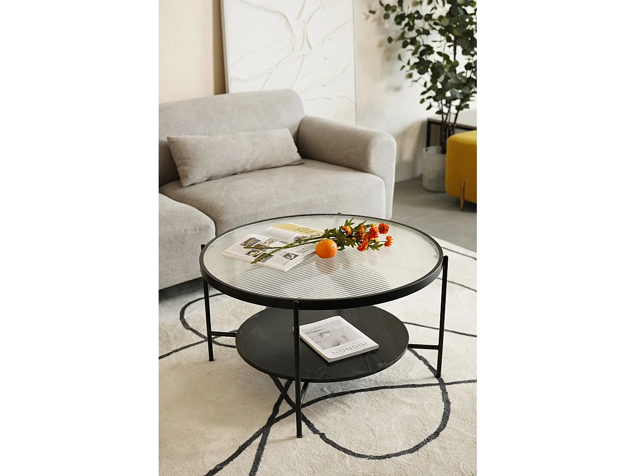 Table basse - 80 cm - noire avec verre cannelé - MALETH