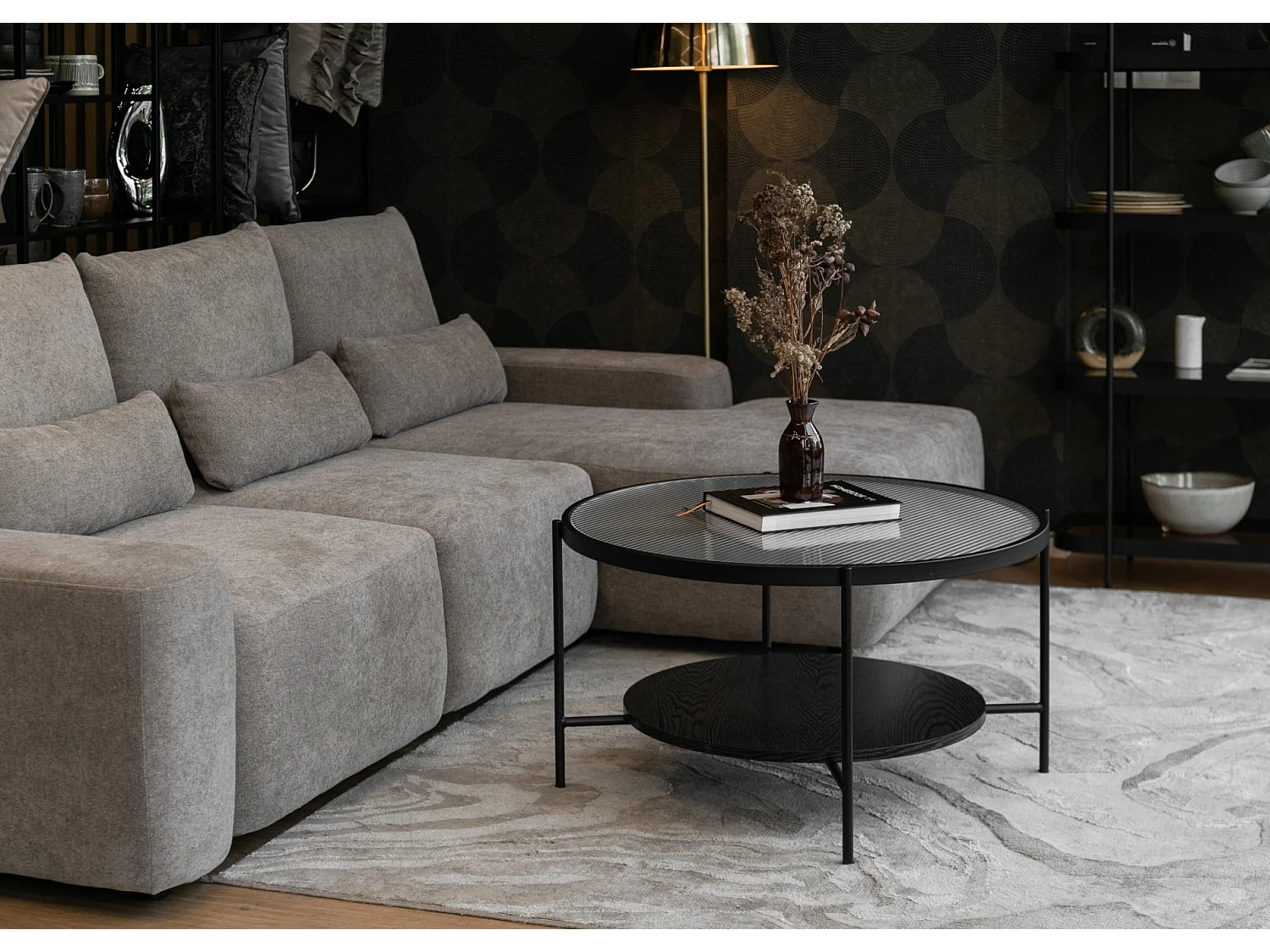 Table basse - 80 cm - noire avec verre cannelé - MALETH