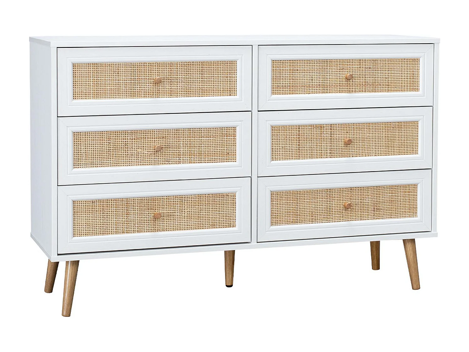 Commode décor bois et cannage 6 tiroirs Bohème. blanc - 120x39x79cm
