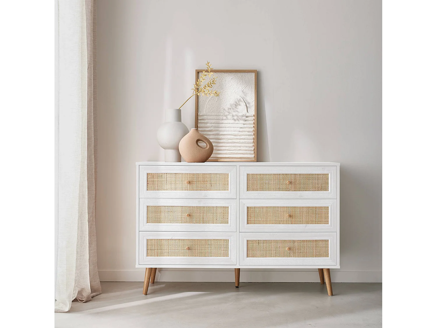 Commode décor bois et cannage 6 tiroirs Bohème. blanc - 120x39x79cm