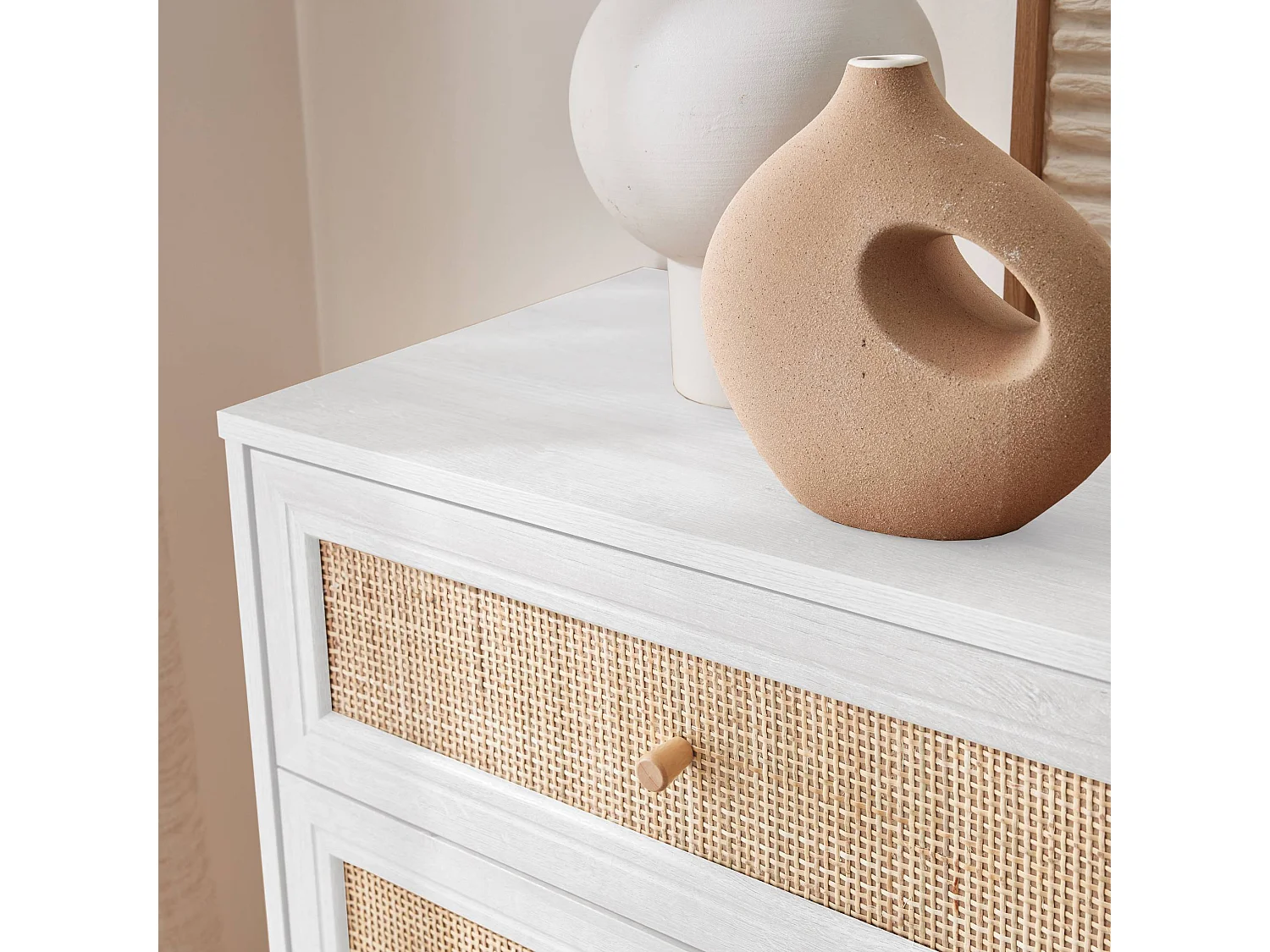 Commode décor bois et cannage 6 tiroirs Bohème. blanc - 120x39x79cm