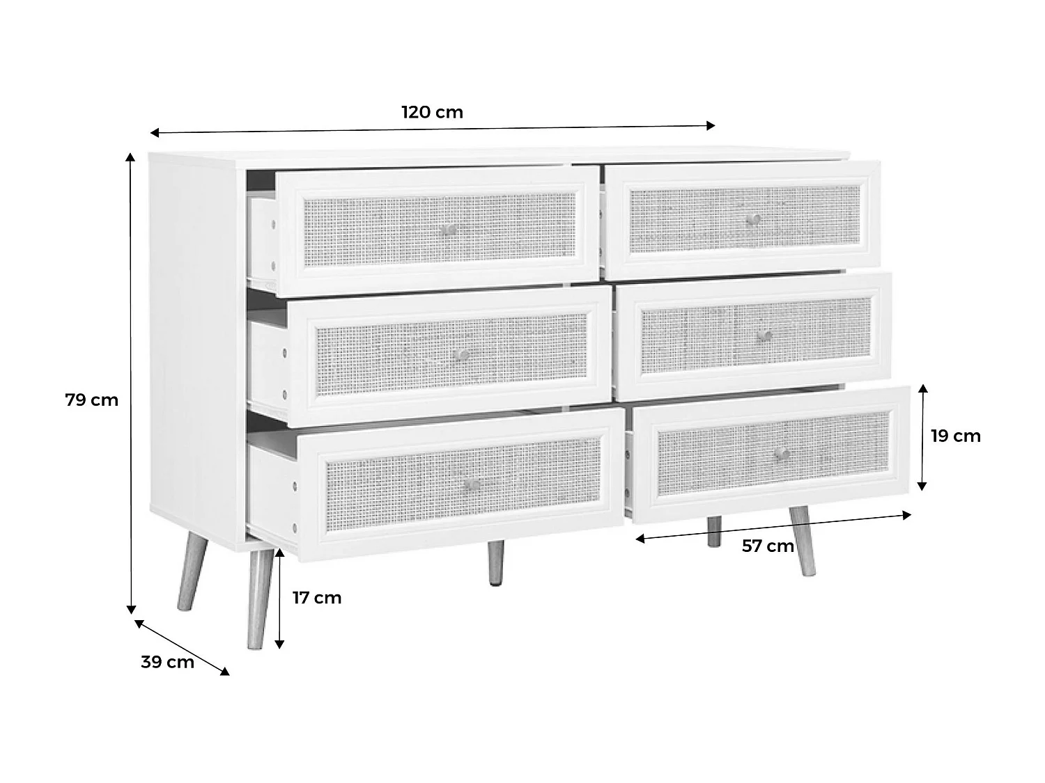 Commode décor bois et cannage 6 tiroirs Bohème. blanc - 120x39x79cm
