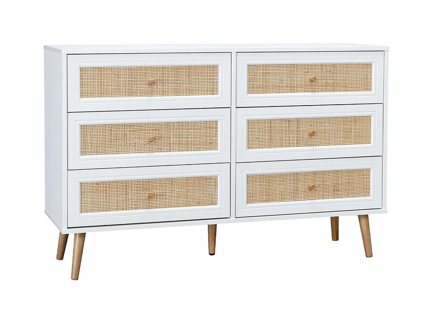 Commode effet bois et cannage 6 tiroirs Bohème. blanc - 120x39x79cm