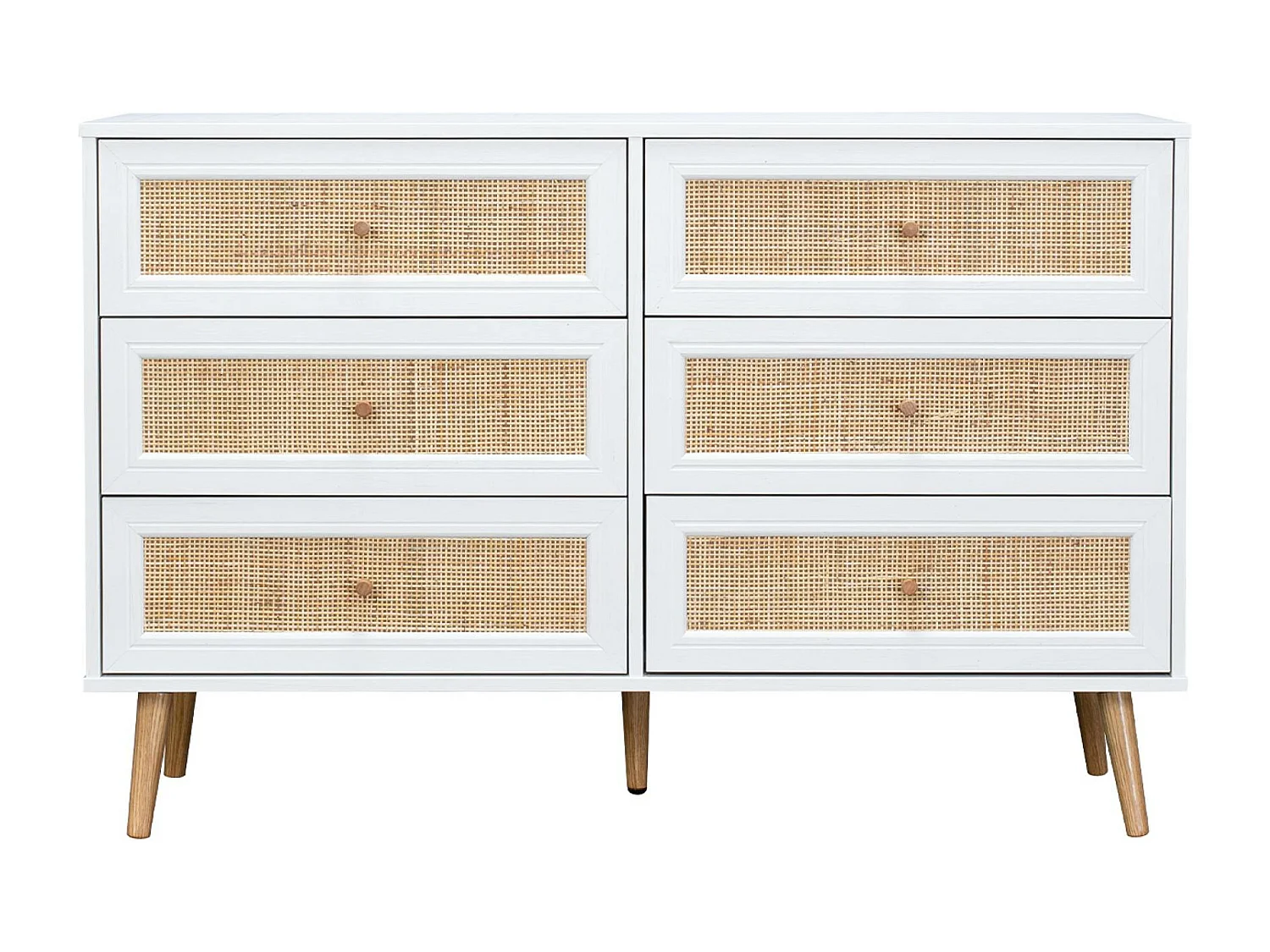 Commode décor bois et cannage 6 tiroirs Bohème. blanc - 120x39x79cm