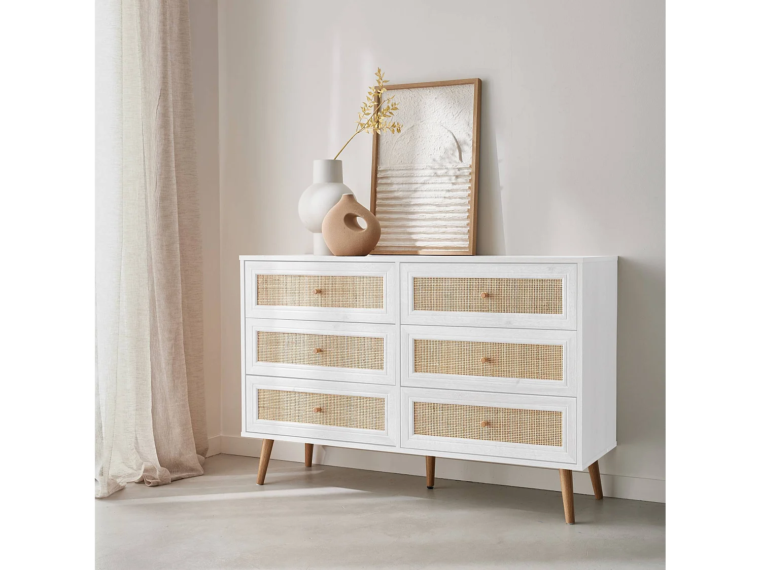 Commode décor bois et cannage 6 tiroirs Bohème. blanc - 120x39x79cm