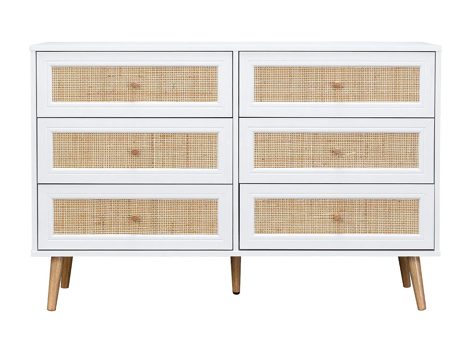 Commode décor bois et cannage 6 tiroirs Bohème. blanc - 120x39x79cm