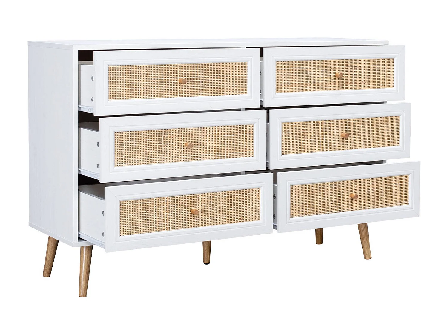 Commode décor bois et cannage 6 tiroirs Bohème. blanc - 120x39x79cm