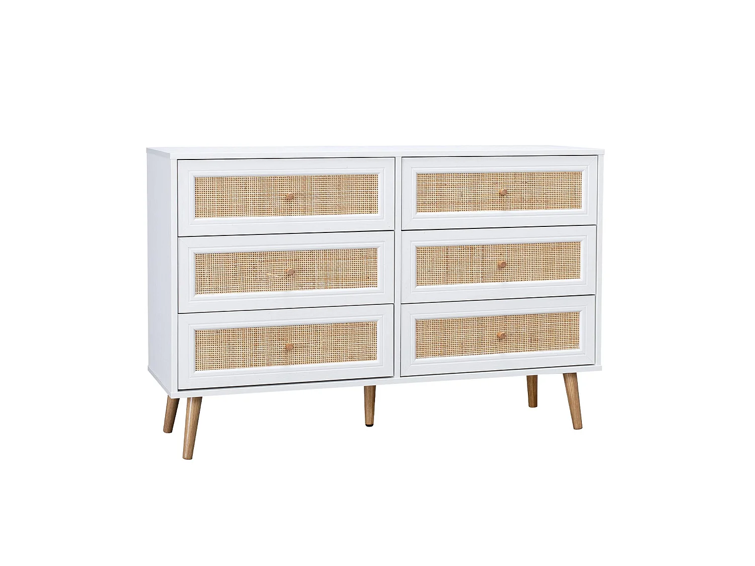 Commode décor bois et cannage 6 tiroirs Bohème. blanc - 120x39x79cm