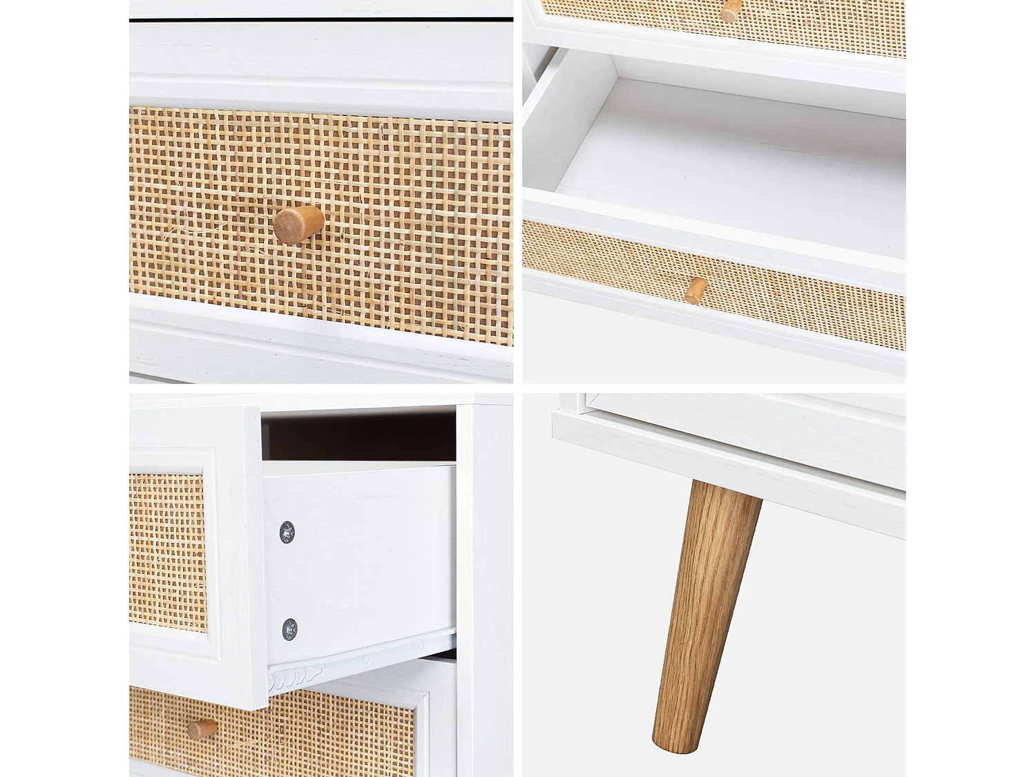 Commode décor bois et cannage 6 tiroirs Bohème. blanc - 120x39x79cm
