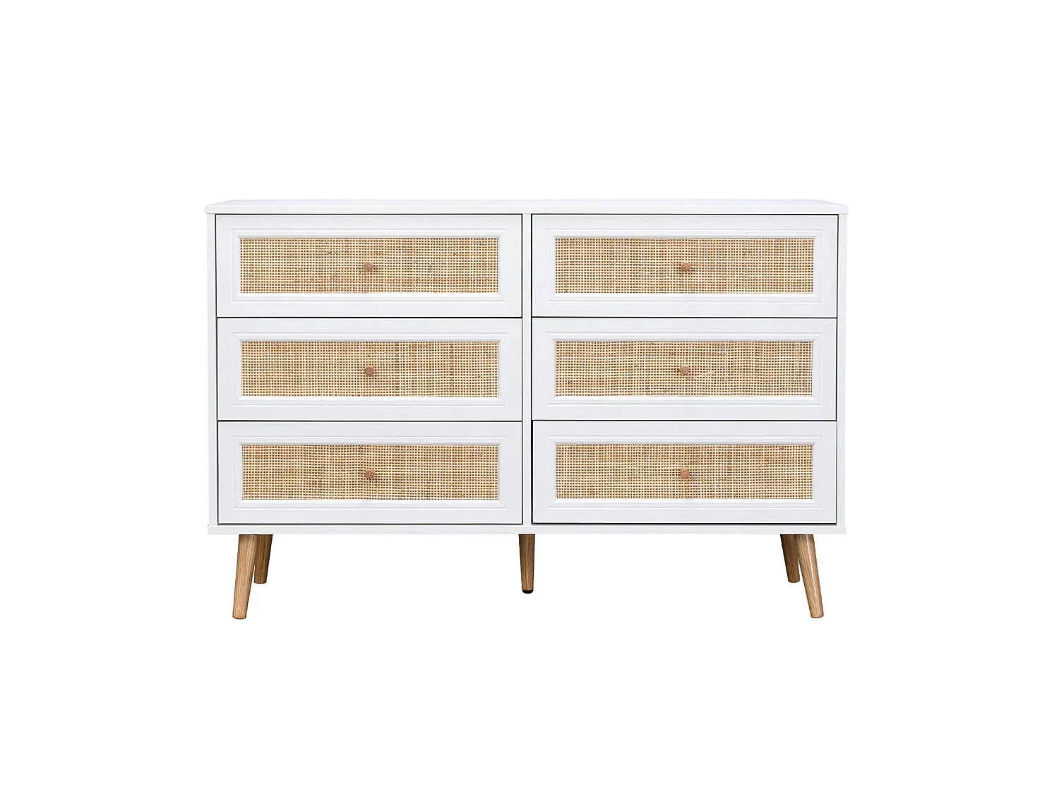 Commode décor bois et cannage 6 tiroirs Bohème. blanc - 120x39x79cm
