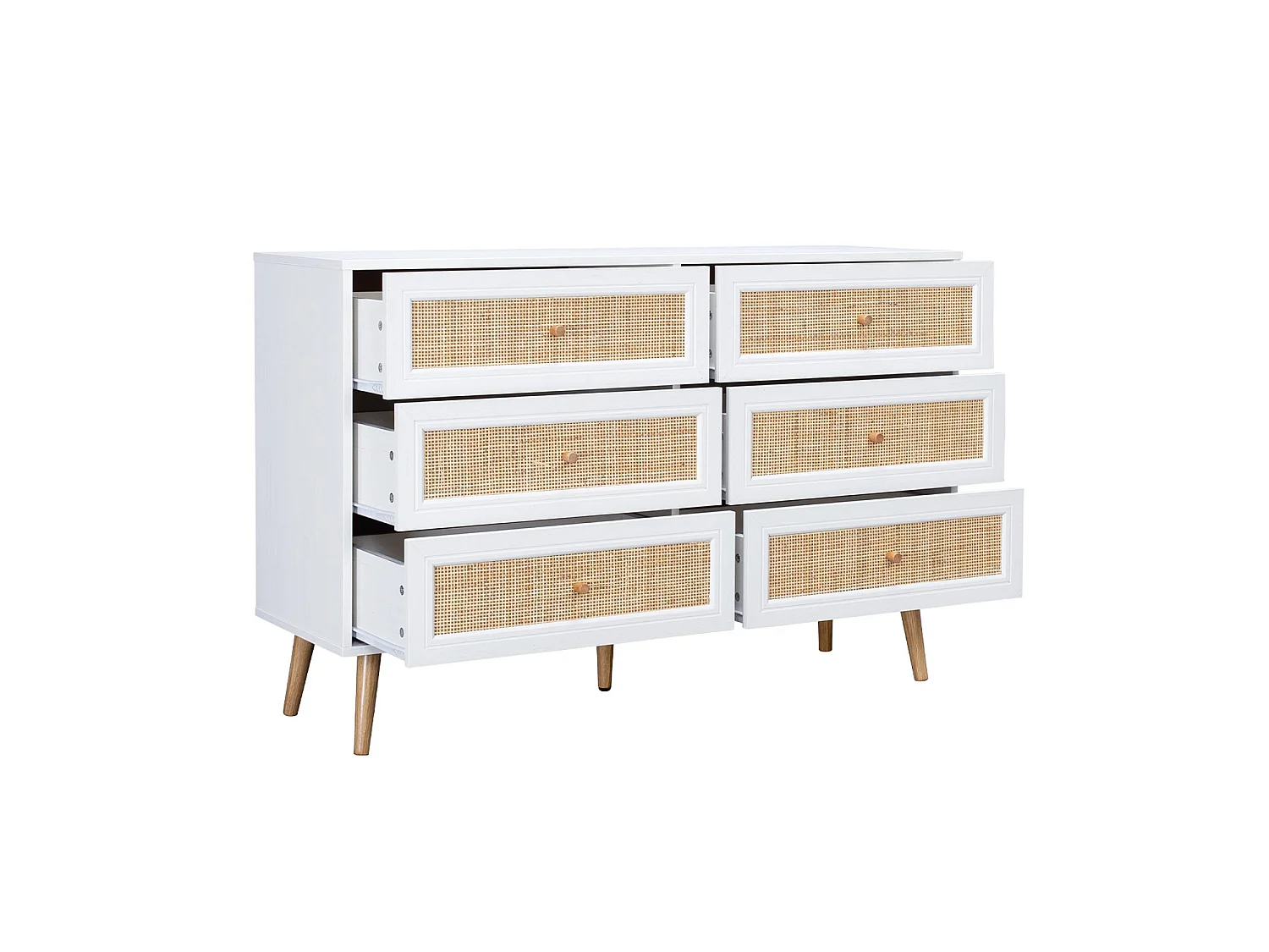 Commode décor bois et cannage 6 tiroirs Bohème. blanc - 120x39x79cm