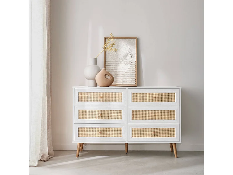 Commode décor bois et cannage 6 tiroirs Bohème. blanc - 120x39x79cm