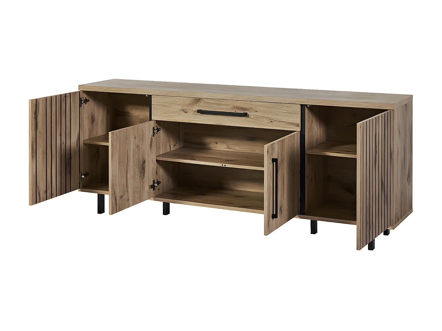 ROMY - Ensemble Séjour Table 170cm et Buffet 4 Portes Aspect Bois Effet Tasseaux