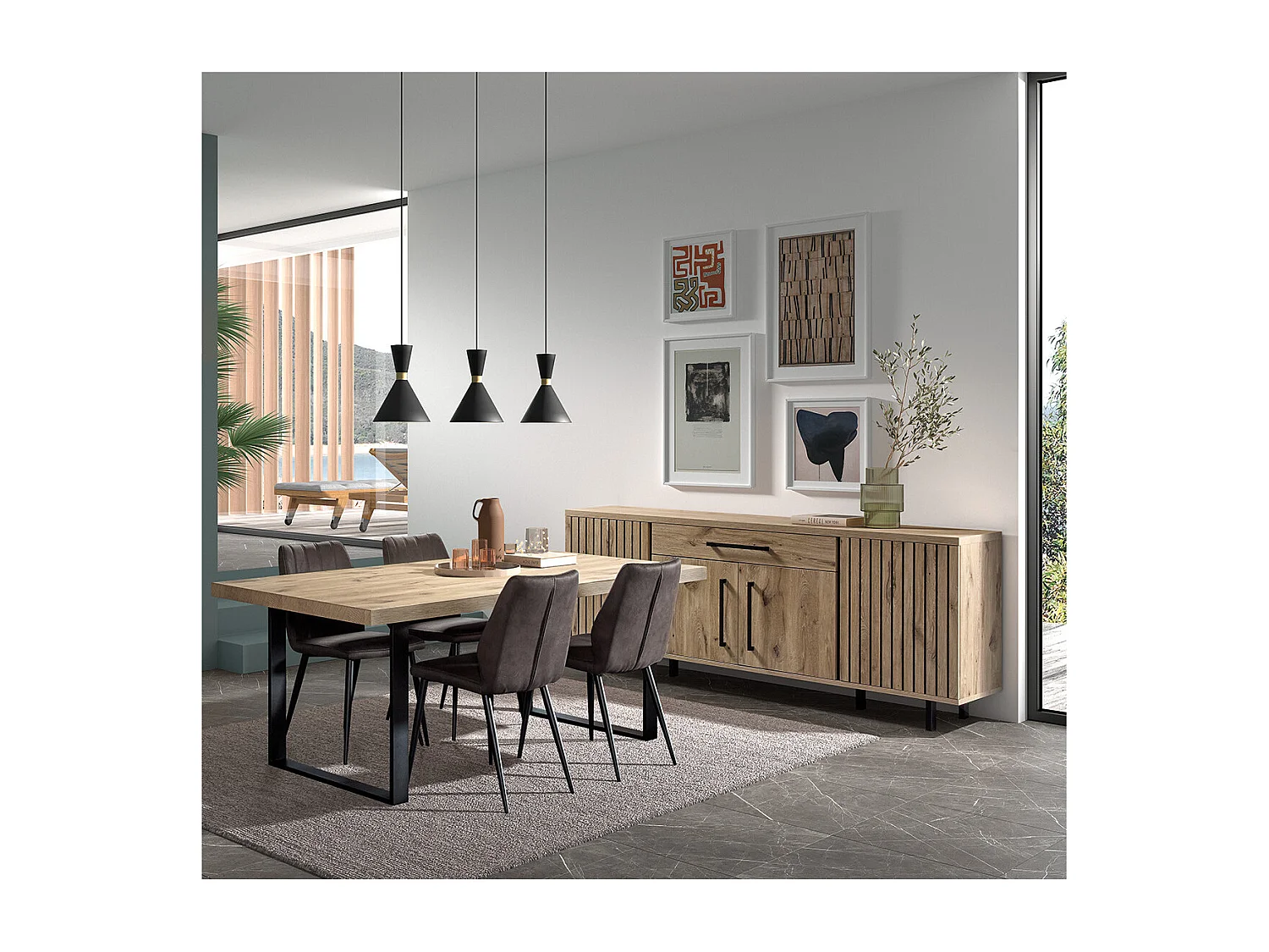 ROMY - Ensemble Séjour Table 170cm et Buffet 4 Portes Aspect Bois Effet Tasseaux