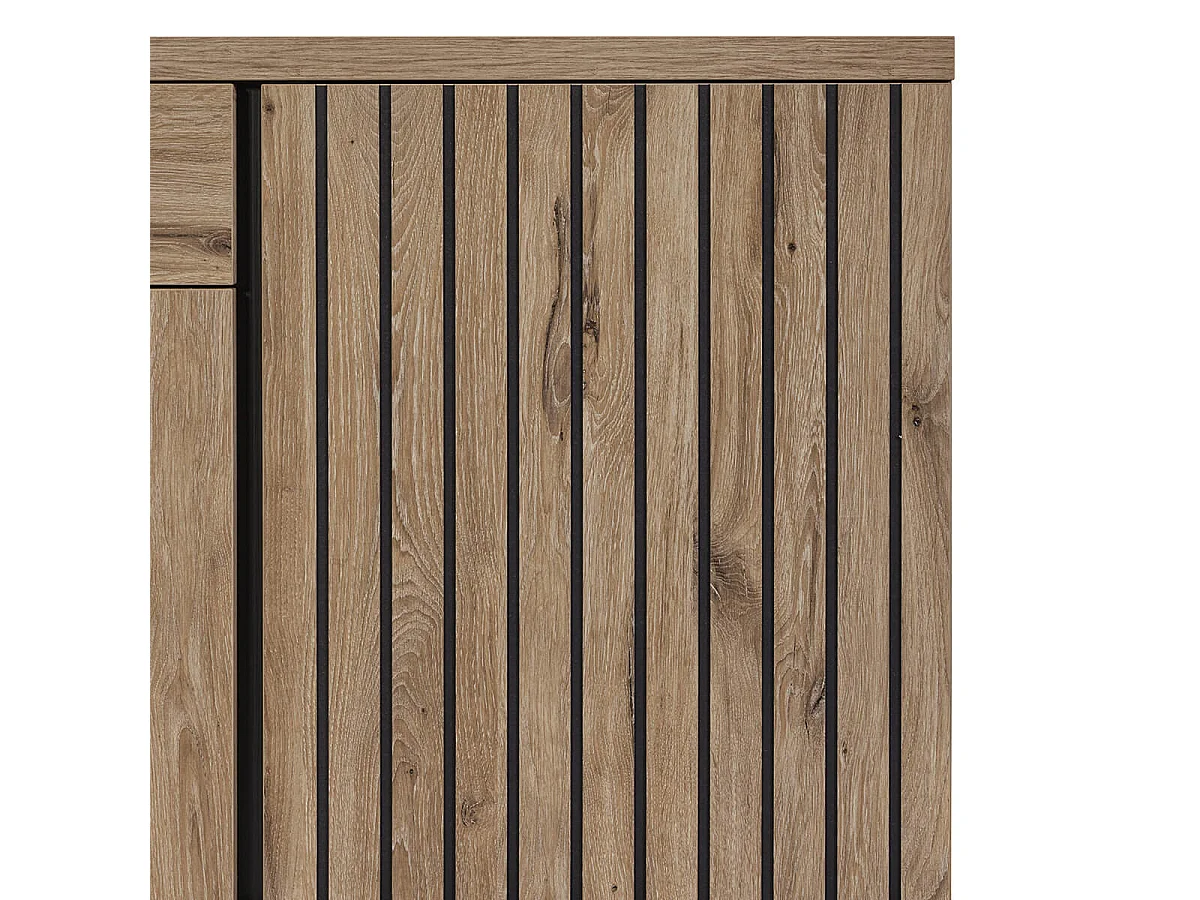 ROMY - Ensemble Séjour Table 200cm et Buffet 4 Portes Aspect Bois Effet Tasseaux