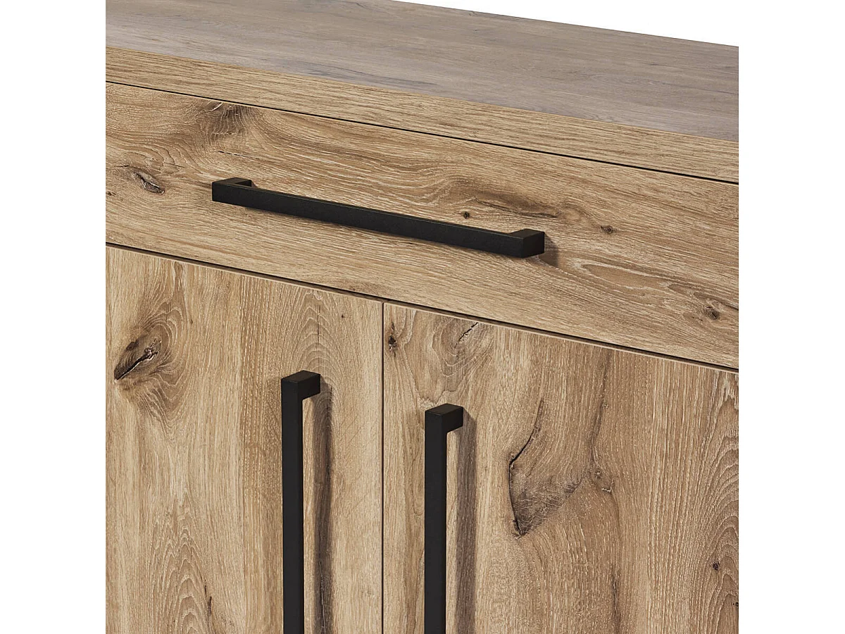 ROMY - Ensemble Séjour Table 200cm et Buffet 4 Portes Aspect Bois Effet Tasseaux