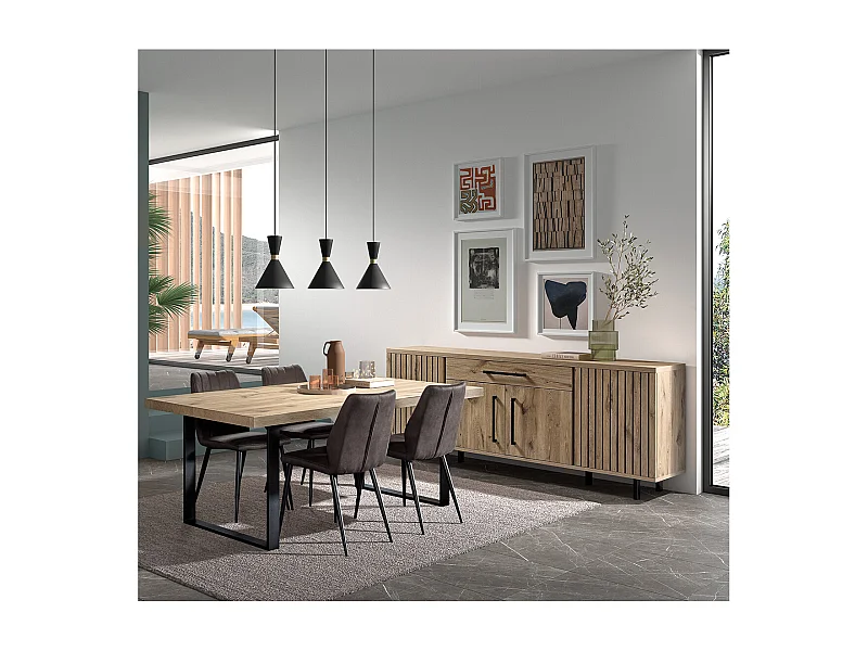 ROMY - Ensemble Séjour Table 200cm et Buffet 4 Portes Aspect Bois Effet Tasseaux