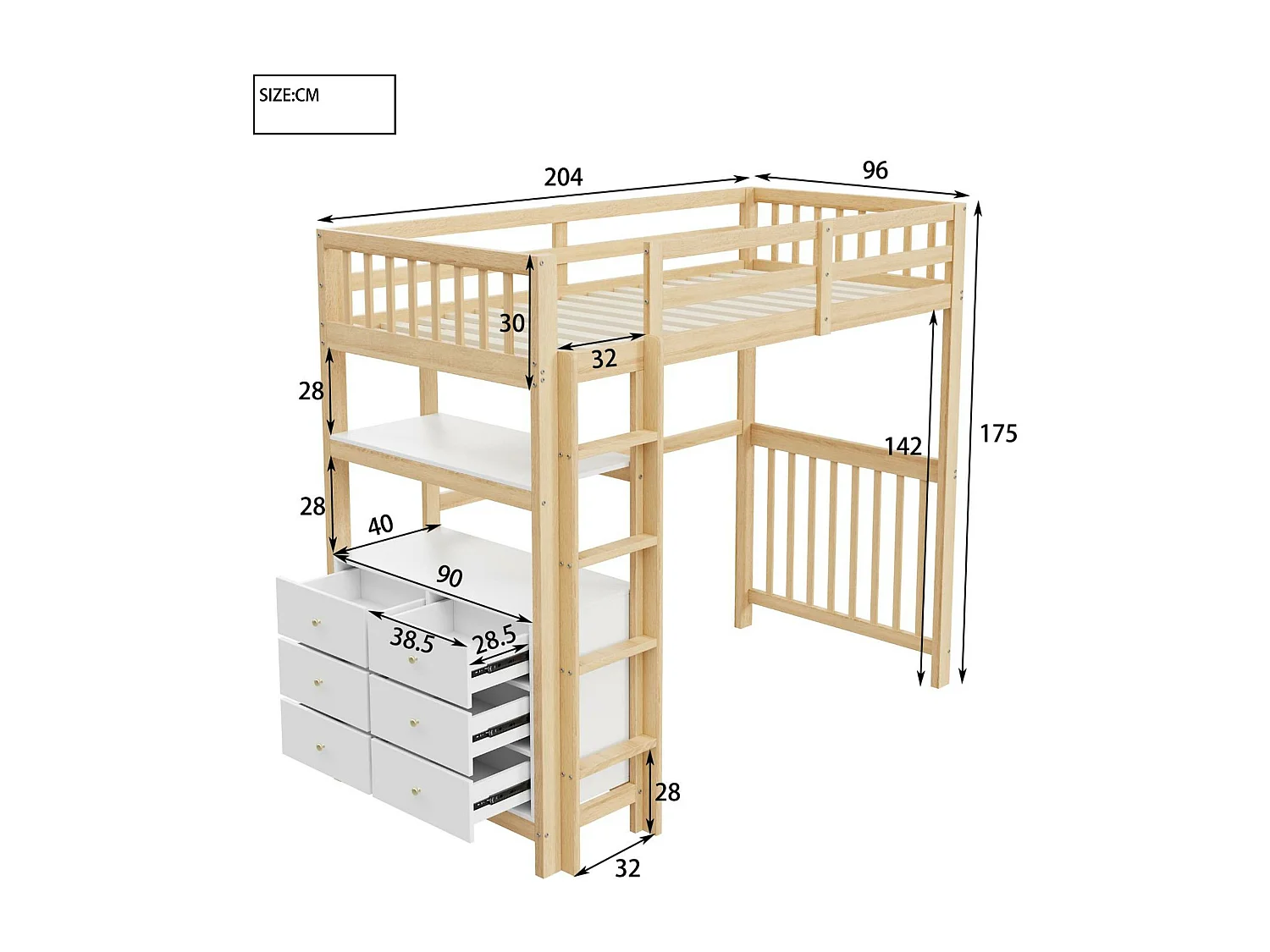 Cama alta 90x200 cm de madera maciza - con 6 cajones y barreras de seguridad - Natural