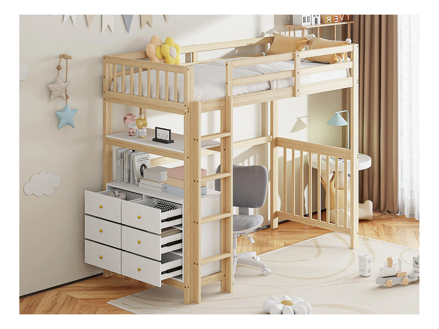 Łóżko mezzanine 90x200cm z litego drewna - z 6 szufladami i barierkami zabezpieczającymi - Naturalne