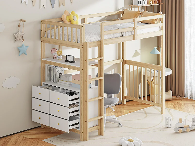 Cama alta 90x200 cm de madera maciza - con 6 cajones y barreras de seguridad - Natural