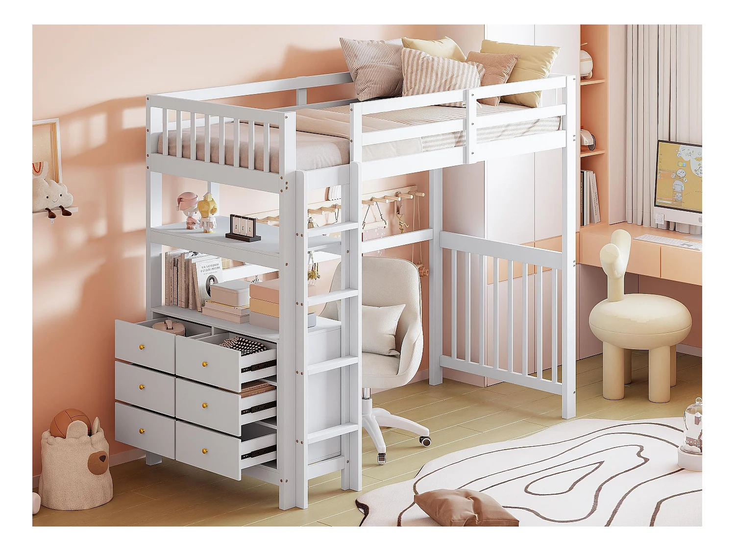 Łóżko mezzanine 90x200cm z litego drewna - z 6 szufladami i barierkami zabezpieczającymi - Białe