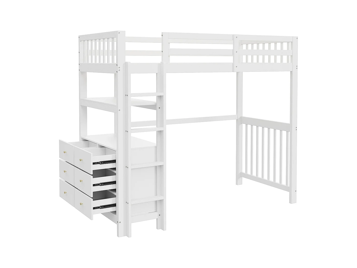 Lit mezzanine 90x200cm en bois massif - avec 6 tiroirs et barrières de sécurité - Blanc