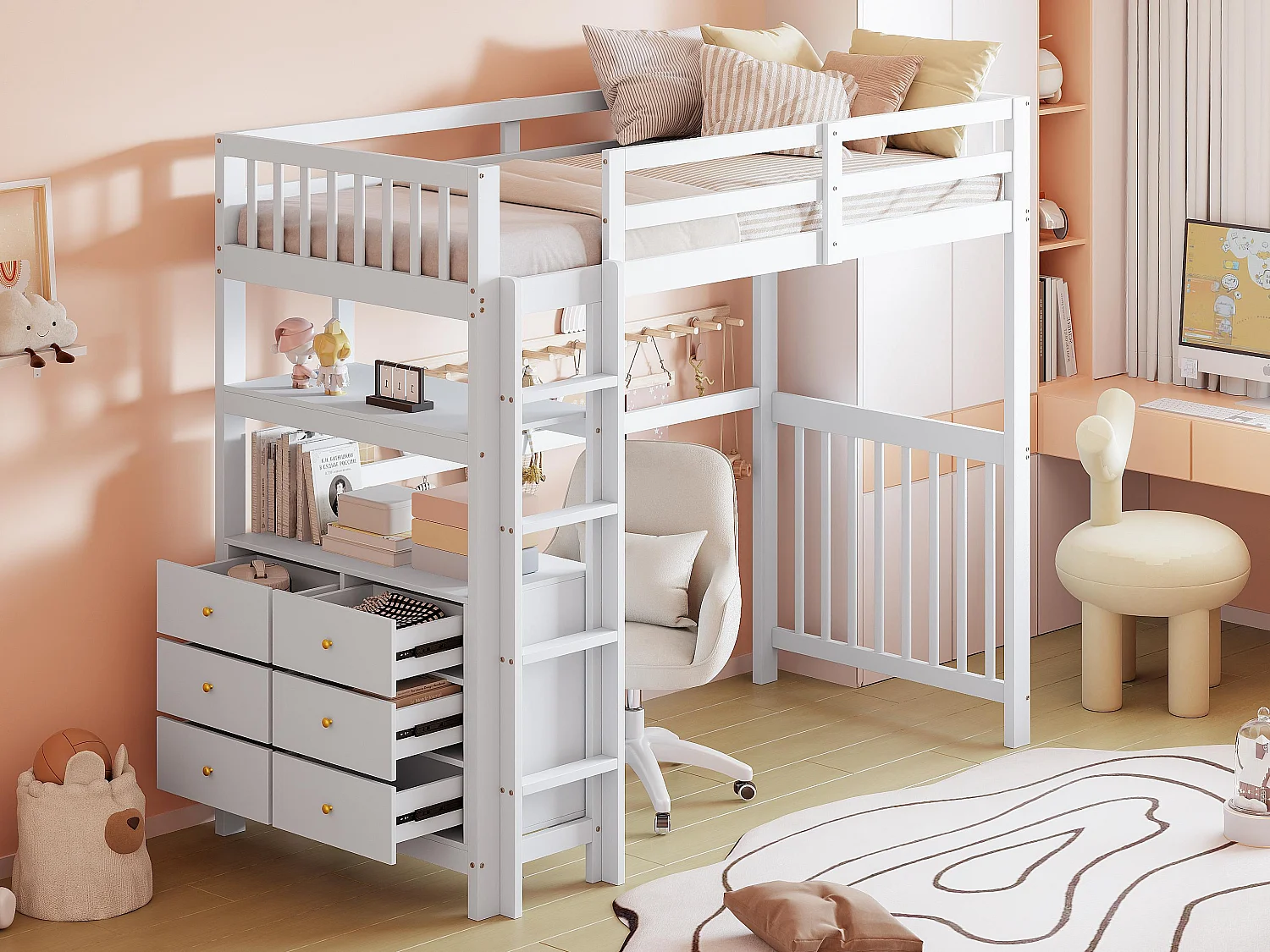 Lit mezzanine 90x200cm en bois massif - avec 6 tiroirs et barrières de sécurité - Blanc