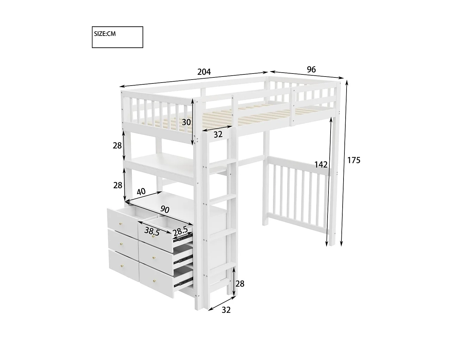 Lit mezzanine 90x200cm en bois massif - avec 6 tiroirs et barrières de sécurité - Blanc