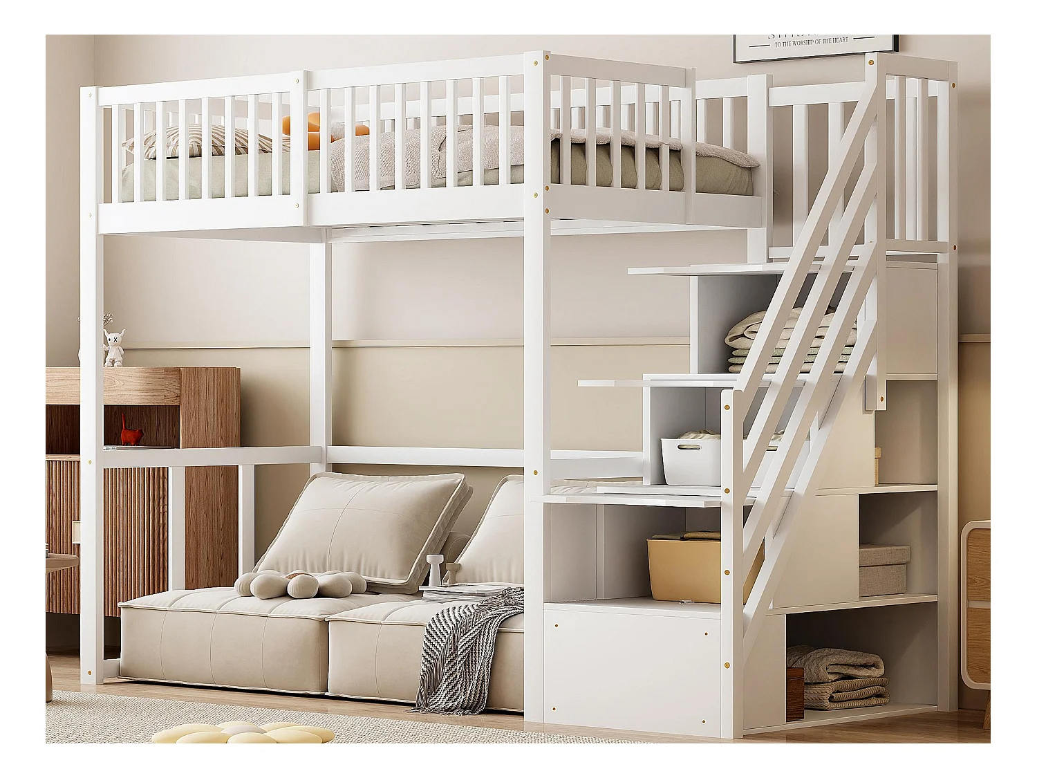 Lit mezzanine 90x200cm en bois massif - avec escalier de rangement - Blanc