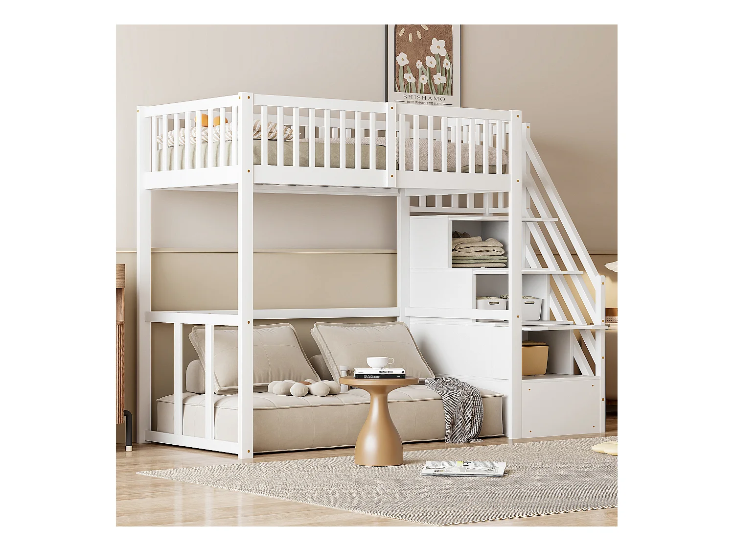 Lit mezzanine 90x200cm en bois massif - avec escalier de rangement - Blanc
