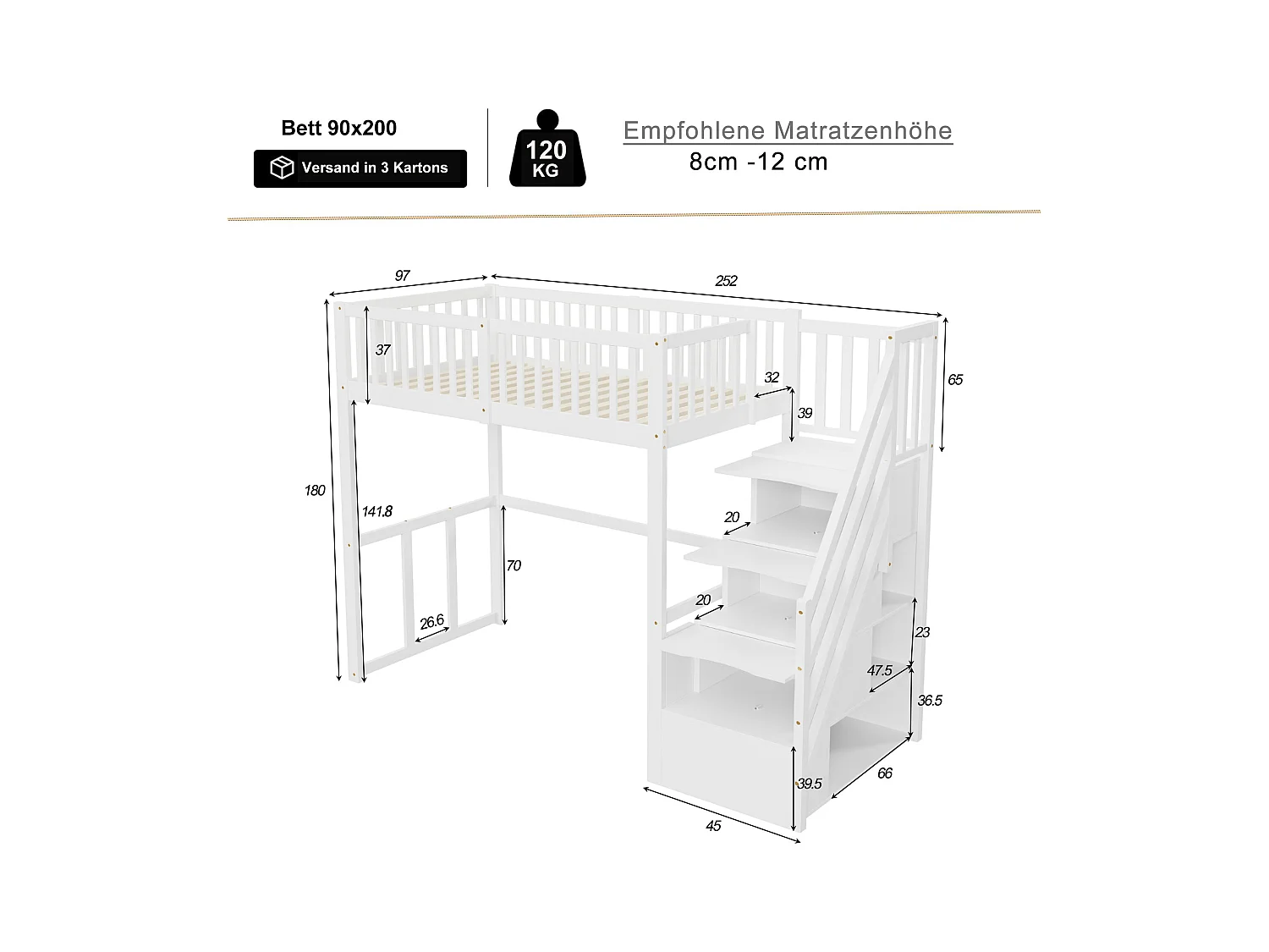 Lit mezzanine 90x200cm en bois massif - avec escalier de rangement - Blanc