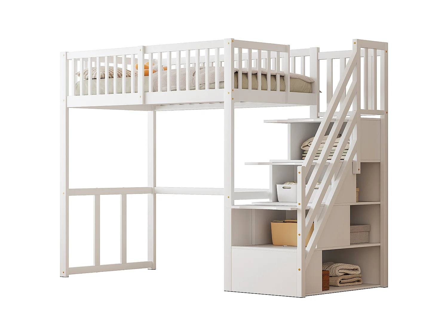 Lit mezzanine 90x200cm en bois massif - avec escalier de rangement - Blanc