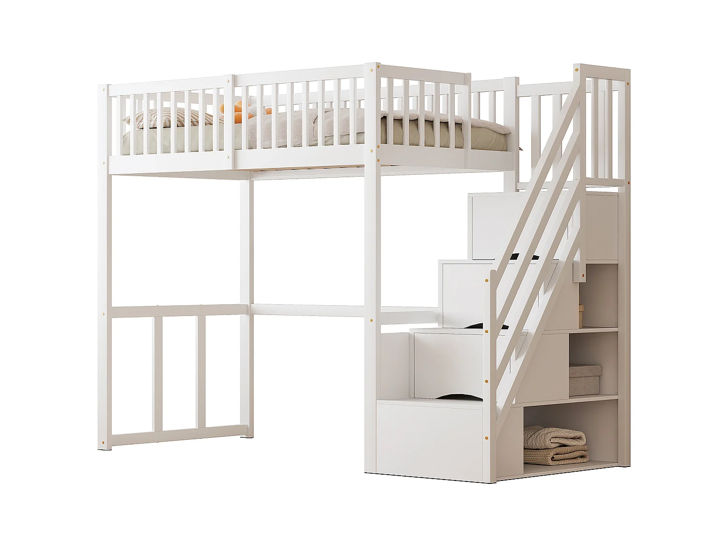 Lit mezzanine 90x200cm en bois massif - avec escalier de rangement - Blanc