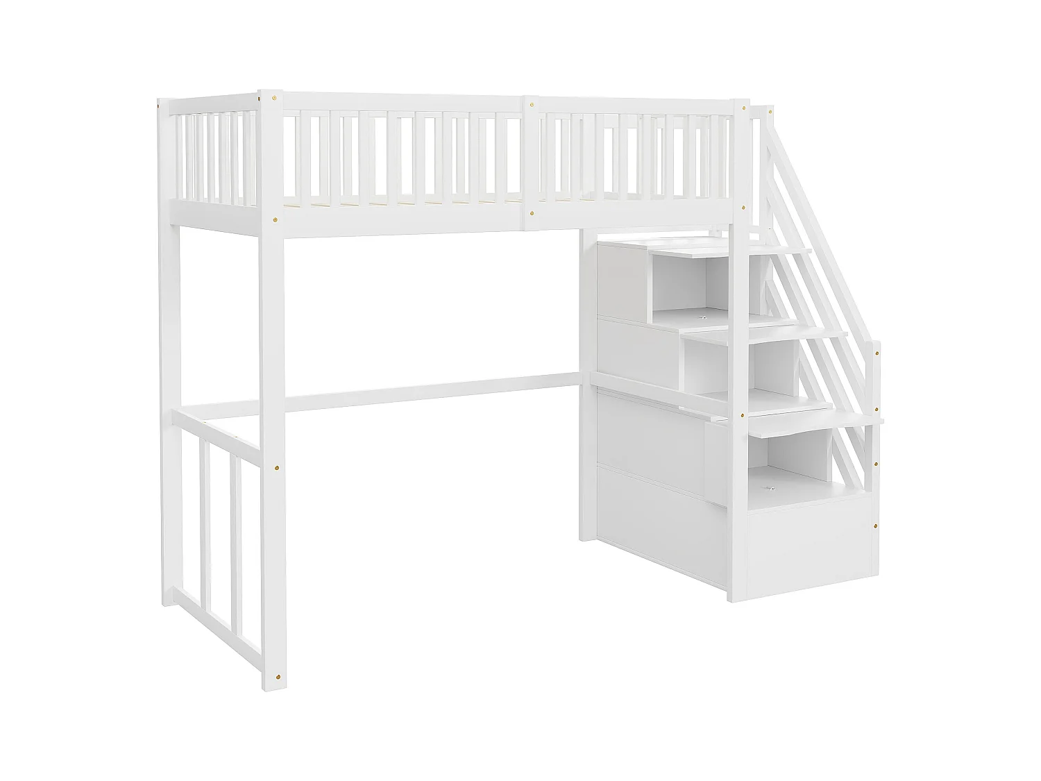 Lit mezzanine 90x200cm en bois massif - avec escalier de rangement - Blanc